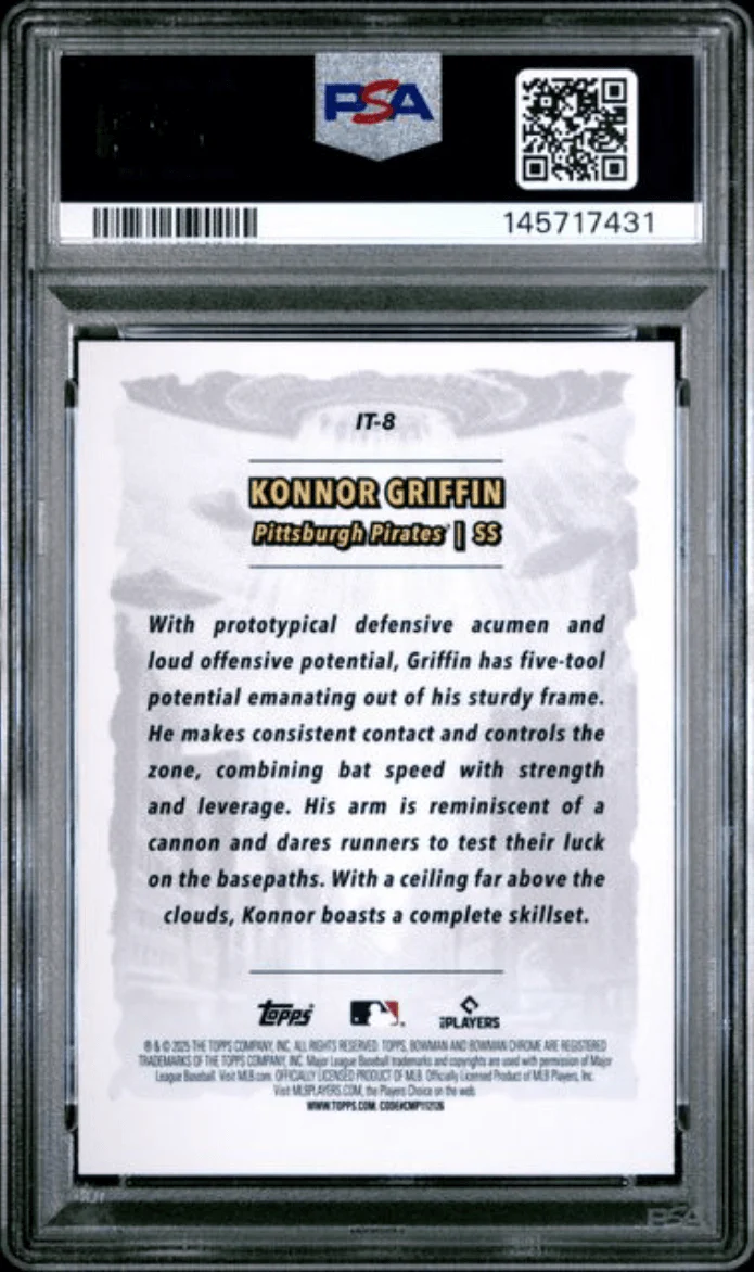 Graded 2025 Topps Bowman Chrome Konnor Griffin #IT8 It Came to the League Rookie RC Baseball Card PSA 9 Mint - Image 2