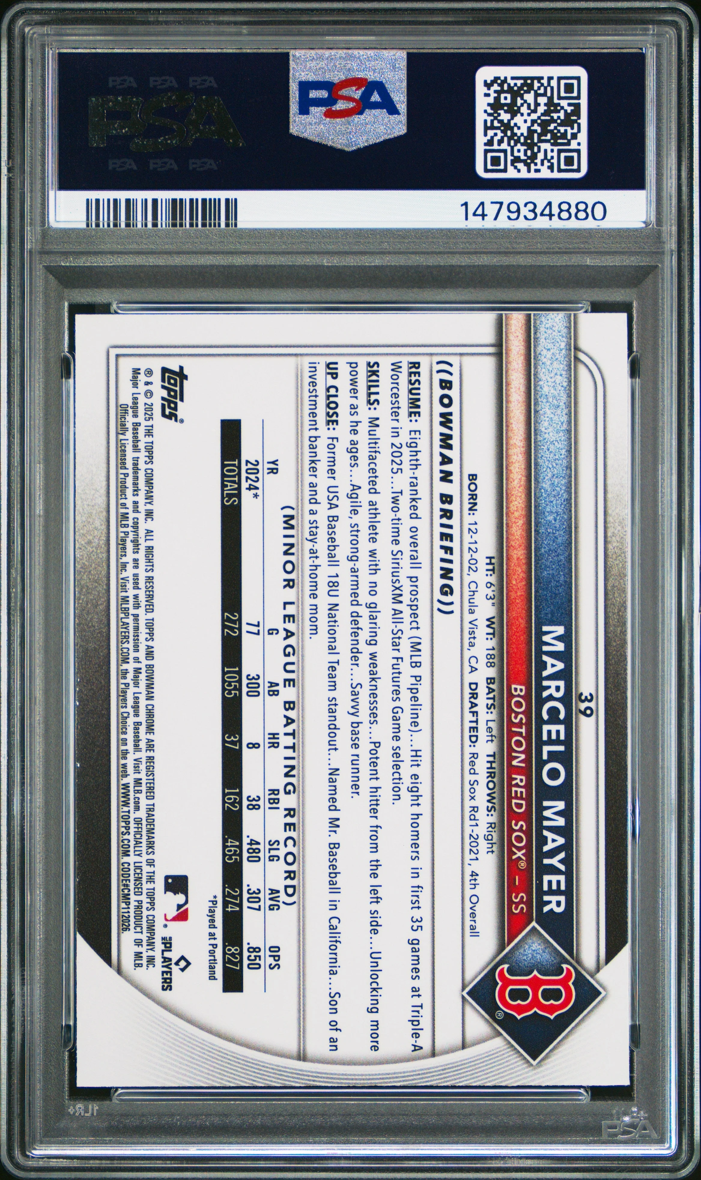 Graded 2025 Topps Bowman Chrome Marcelo Mayer #39 Rookie RC Baseball Card PSA 8 Near Mint - Image 2