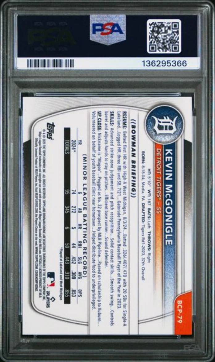 Graded 2025 Topps Bowman Chrome Mega Box Kevin McGonigle #79 Prospects Burgundy Refractor /275 Rookie RC Baseball Card PSA 10 Gem Mint - Image 2