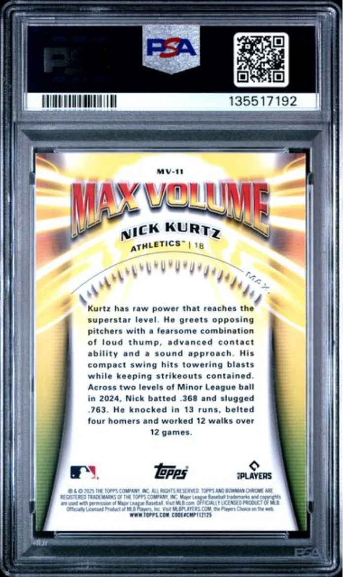 Graded 2025 Topps Bowman Chrome Nick Kurtz #MV11 Max Volume Rookie RC Baseball Card PSA 10 Gem Mint - Image 2