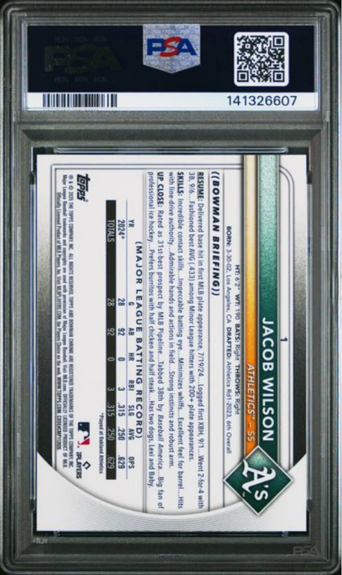 Graded 2025 Topps Bowman Chrome S/E Jacob Wilson #1 Rookie RC Baseball Card PSA 10 Gem Mint - Image 2