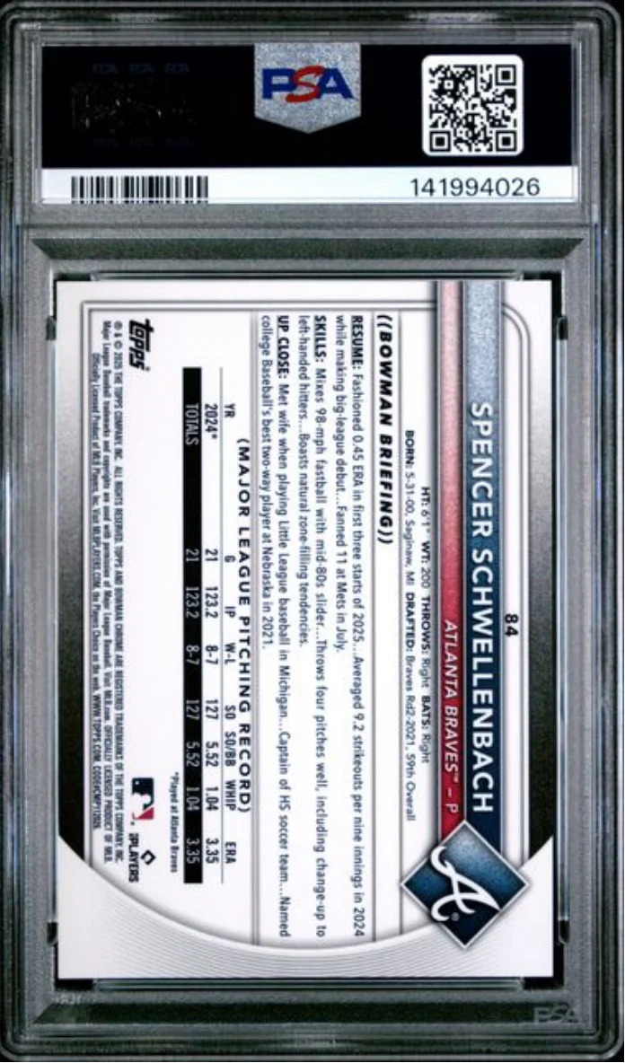 Graded 2025 Topps Bowman Chrome Spencer Schwellenbach #84 Gold Geometric /50 Rookie RC Baseball Card PSA 10 Gem Mint - Image 2