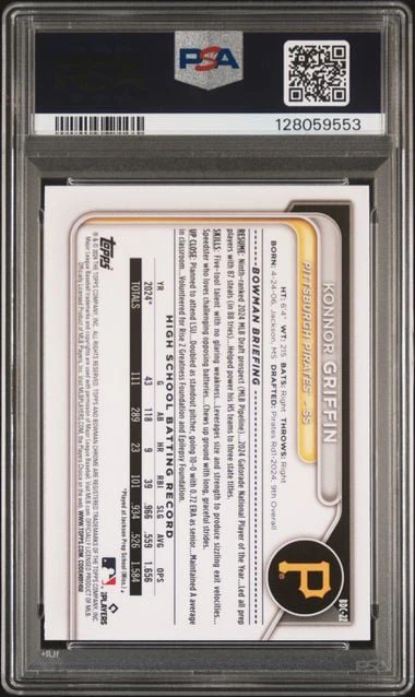 Graded 2025 Topps Bowman Draft Konnor Griffin #BDC22 Blue Refractor /150 1st Bowman Rookie RC Baseball Card PSA 9 Mint - Image 2