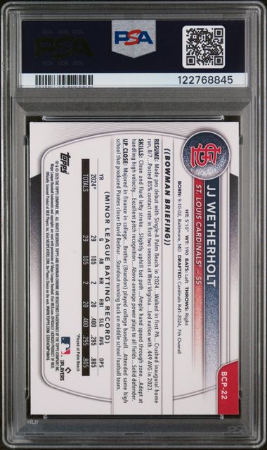 Graded 2025 Topps Bowman JJ Wetherholt #BCP22 Chrome Prospects Mini Diamond Rookie RC Baseball Card PSA 10 Gem Mint - Image 2