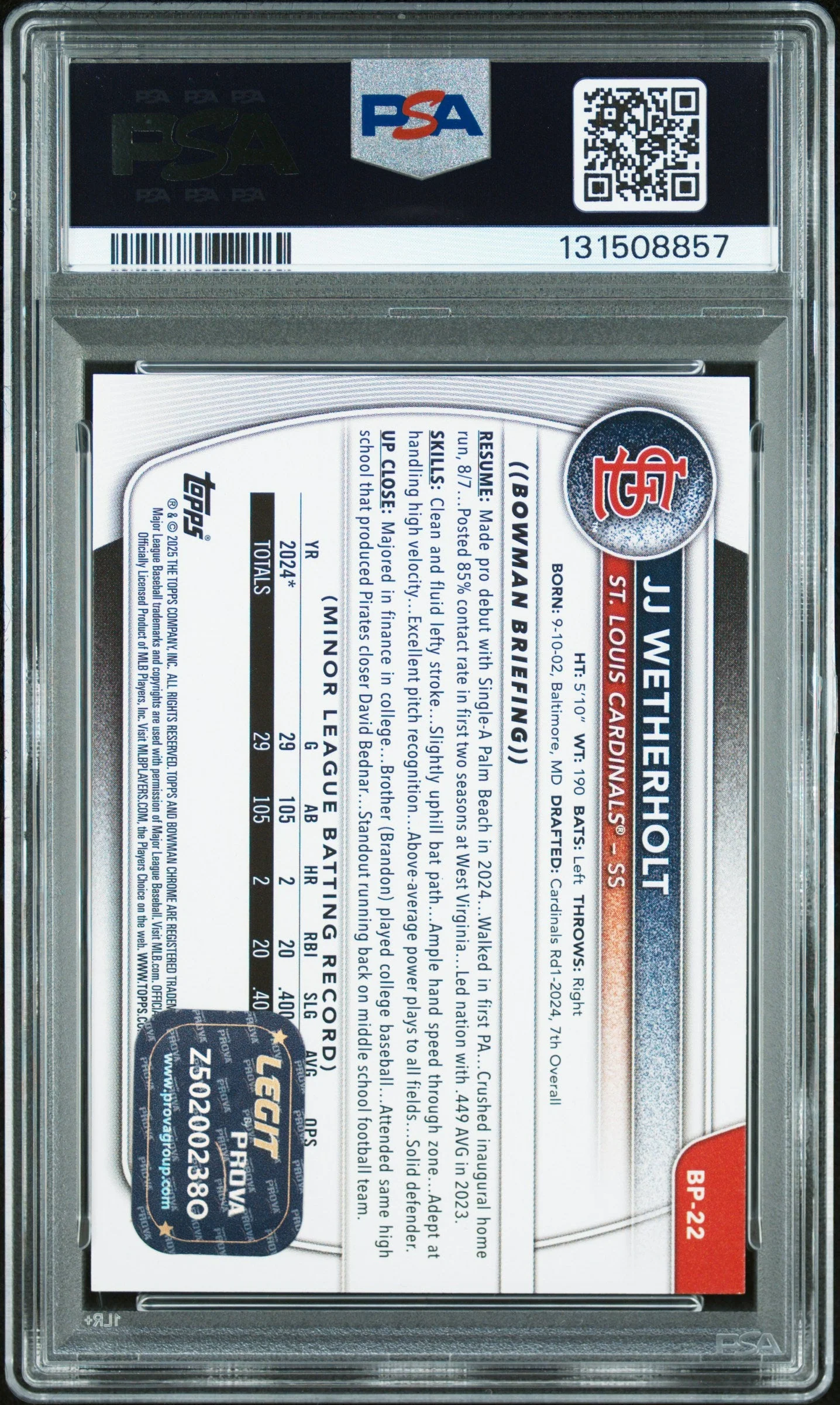Graded 2025 Topps Bowman JJ Wetherholt #BP-22 Prospects Rookie RC Baseball Card PSA 10 Auto Grade Gem Mint - Image 2