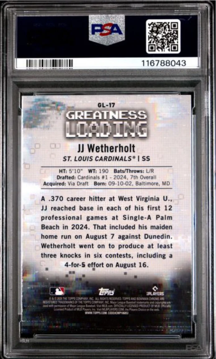 Graded 2025 Topps Bowman JJ Wetherholt #GL17 Greatness Loading Rookie RC Baseball Card PSA 10 Gem Mint - Image 2