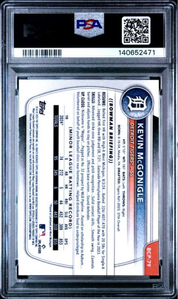 Graded 2025 Topps Bowman Kevin McGonigle #BCP79 Chrome Prospects Rookie RC Baseball Card PSA 9 Mint - Image 2