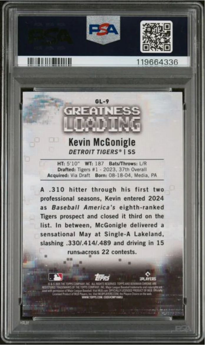 Graded 2025 Topps Bowman Kevin McGonigle #GL9 Greatness Loading Rookie RC Baseball Card PSA 10 Gem Mint - Image 2