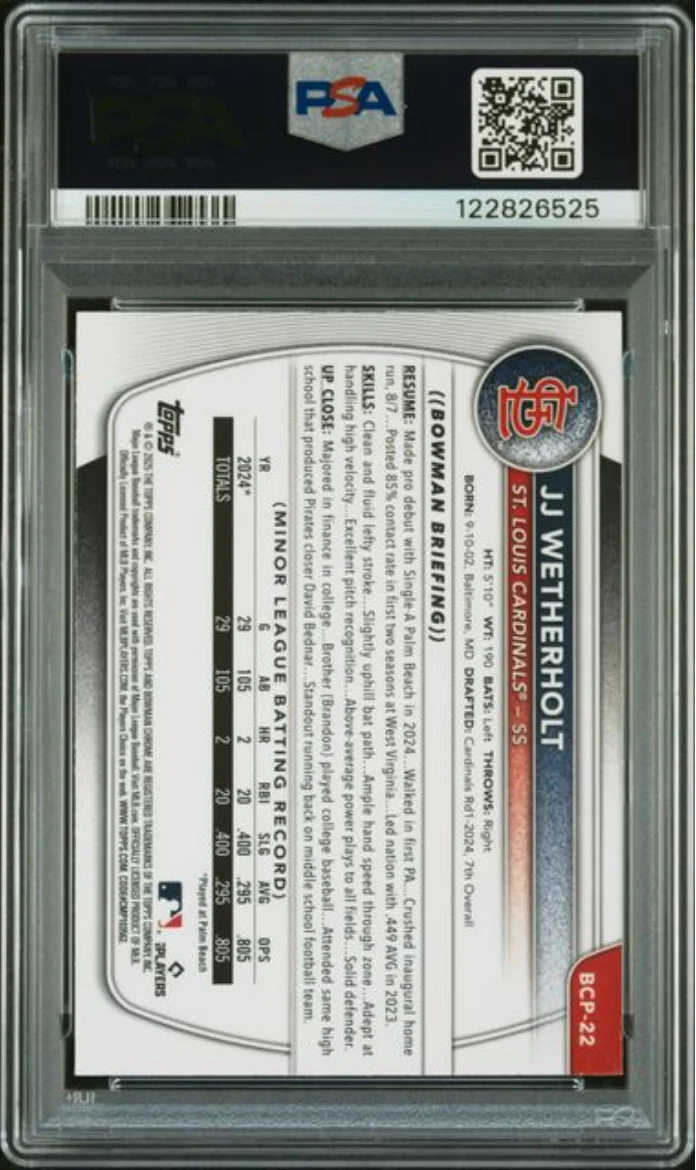 Graded 2025 Topps Bowman Mega Box JJ Wetherholt #22 Prospects Rookie RC Baseball Card PSA 10 Gem Mint - Image 2