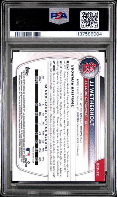Graded 2025 Topps Bowman Sapphire JJ Wetherholt #BCP22 Chrome Prospect Rookie RC Baseball Card PSA 10 Gem Mint - Image 2