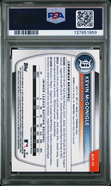 Graded 2025 Topps Bowman Sapphire Kevin McGonigle #BCP79 Chrome Prospect Rookie RC Baseball Card PSA 9 Mint - Image 2