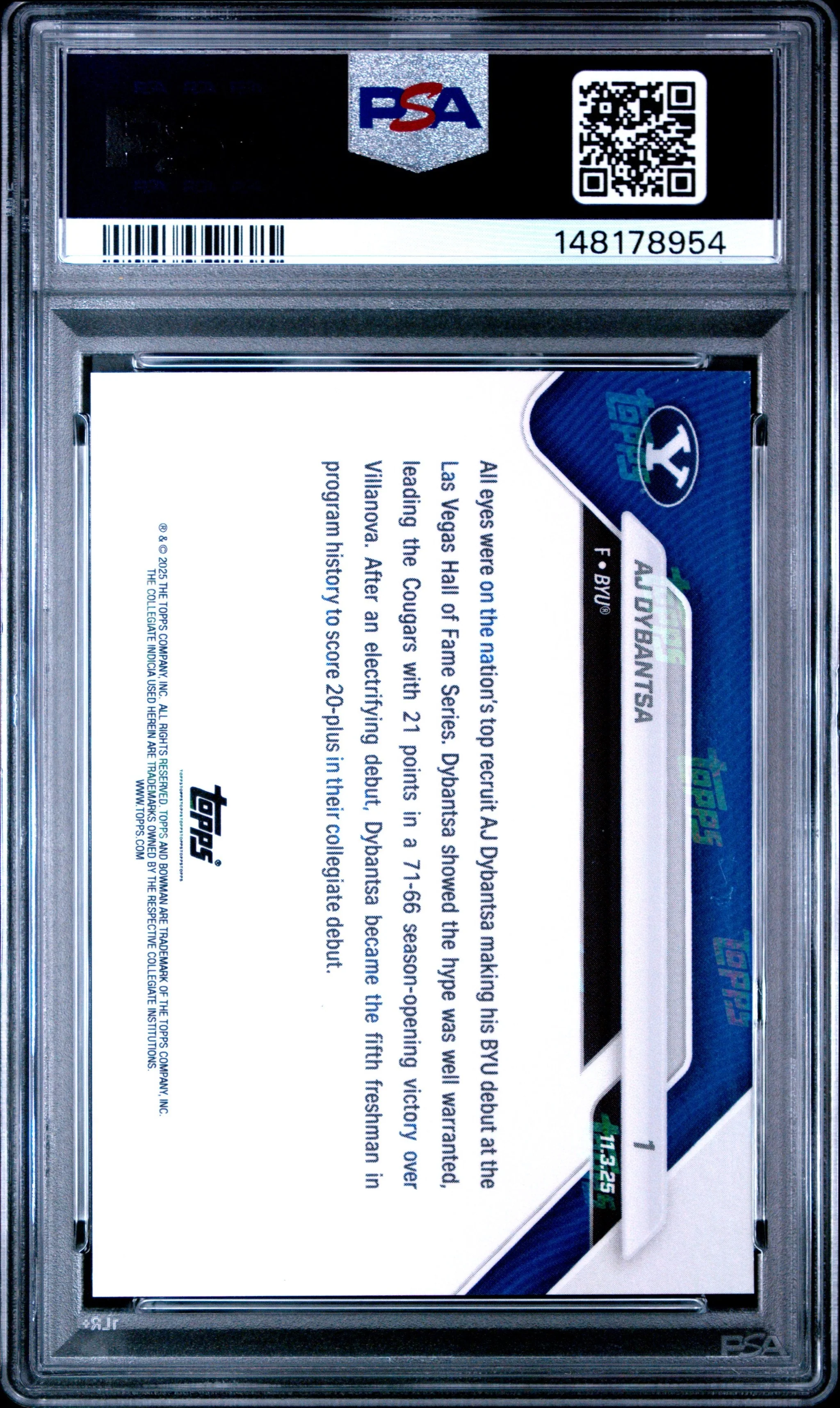 Graded 2025 Topps Bowman U Now AJ Dybantsa #1 Rookie RC Basketball Card PSA 10 Gem Mint - Image 2