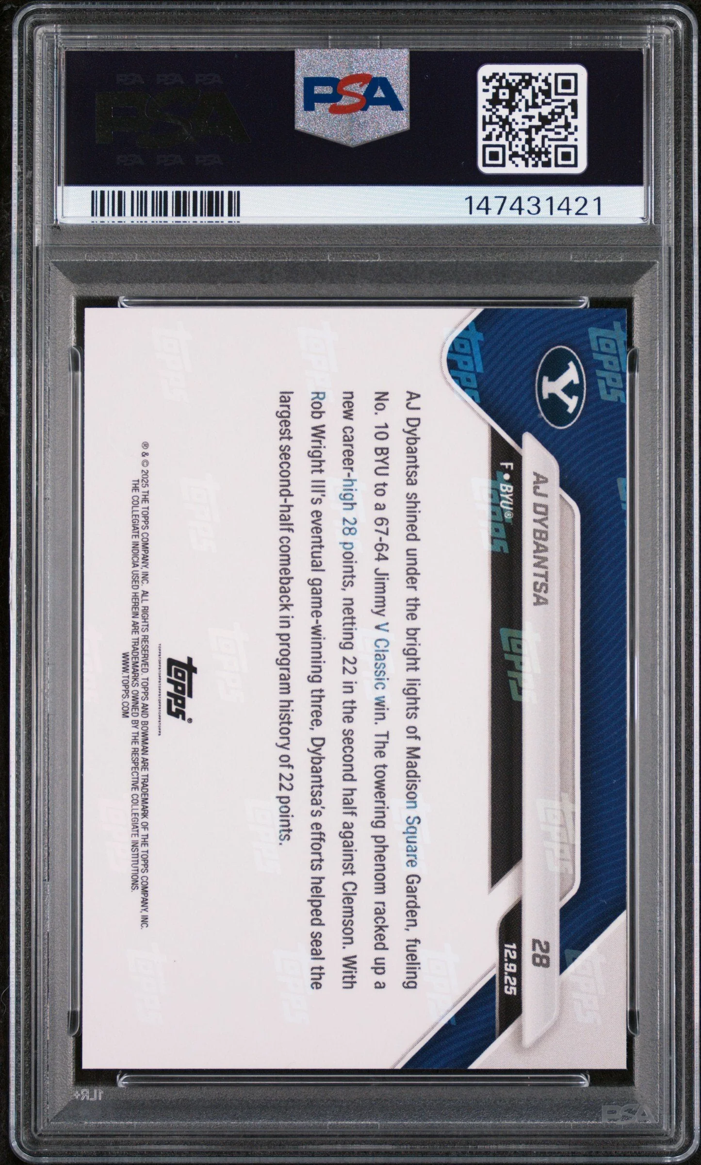 Graded 2025 Topps Bowman U Now AJ Dybantsa #28 Rookie RC Basketball Card PSA 10 Gem Mint - Image 2