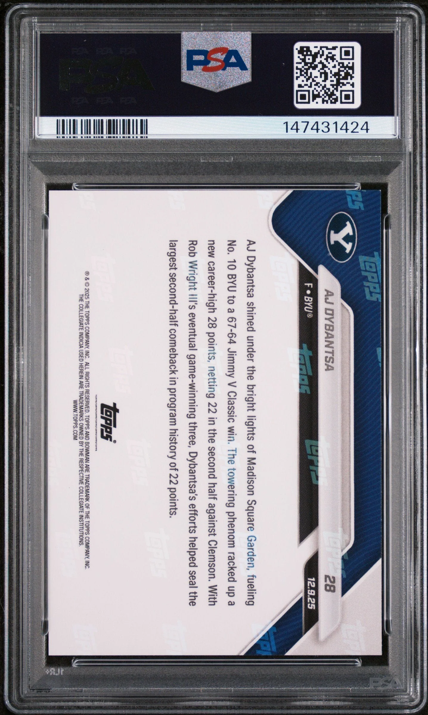 Graded 2025 Topps Bowman U Now AJ Dybantsa #28 Rookie RC Basketball Card PSA 9 Mint - Image 2