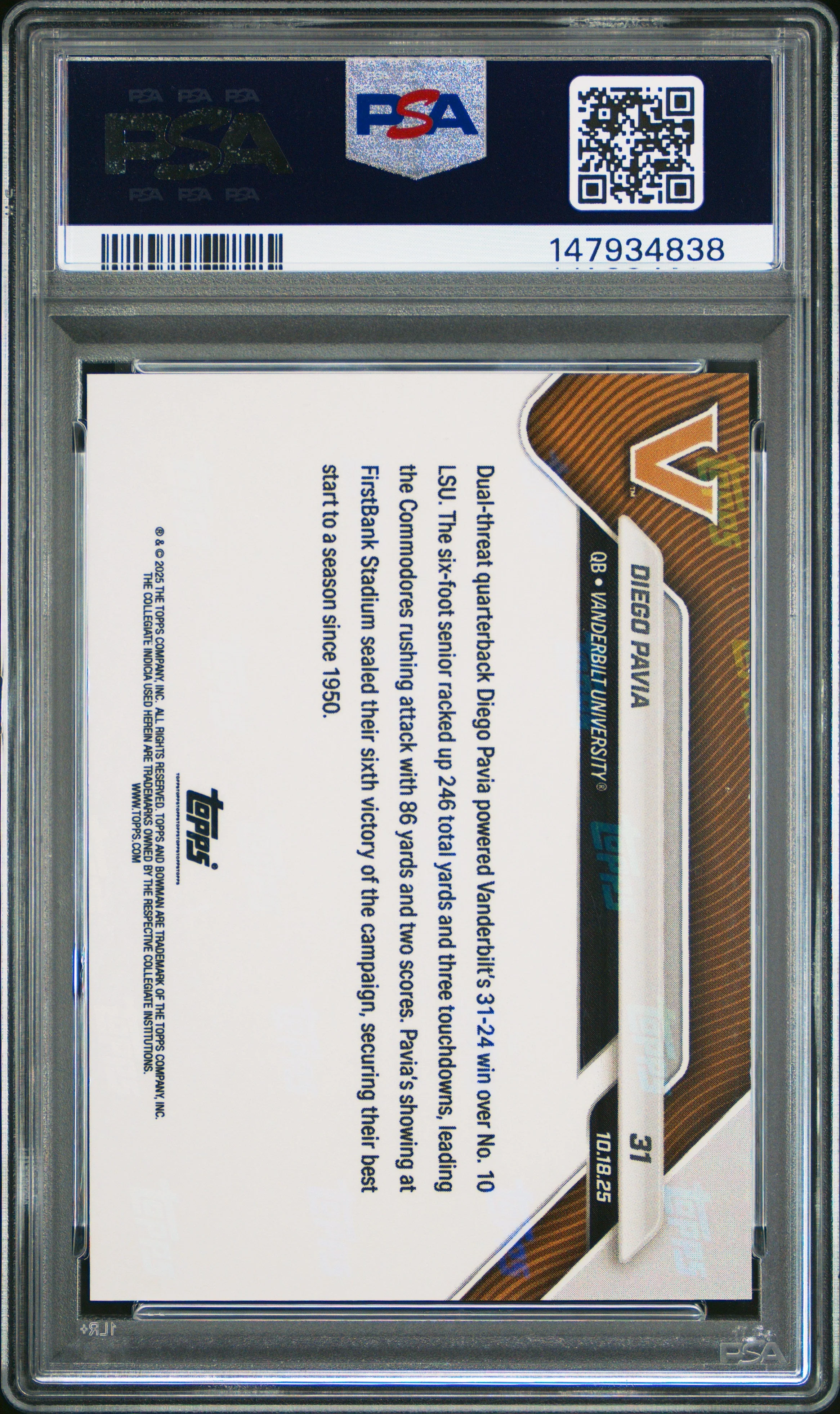 Graded 2025 Topps Bowman U Now Diego Pavia #31 FoilFractor 1/1 Rookie RC Football Card PSA 8 Near Mint - Image 2