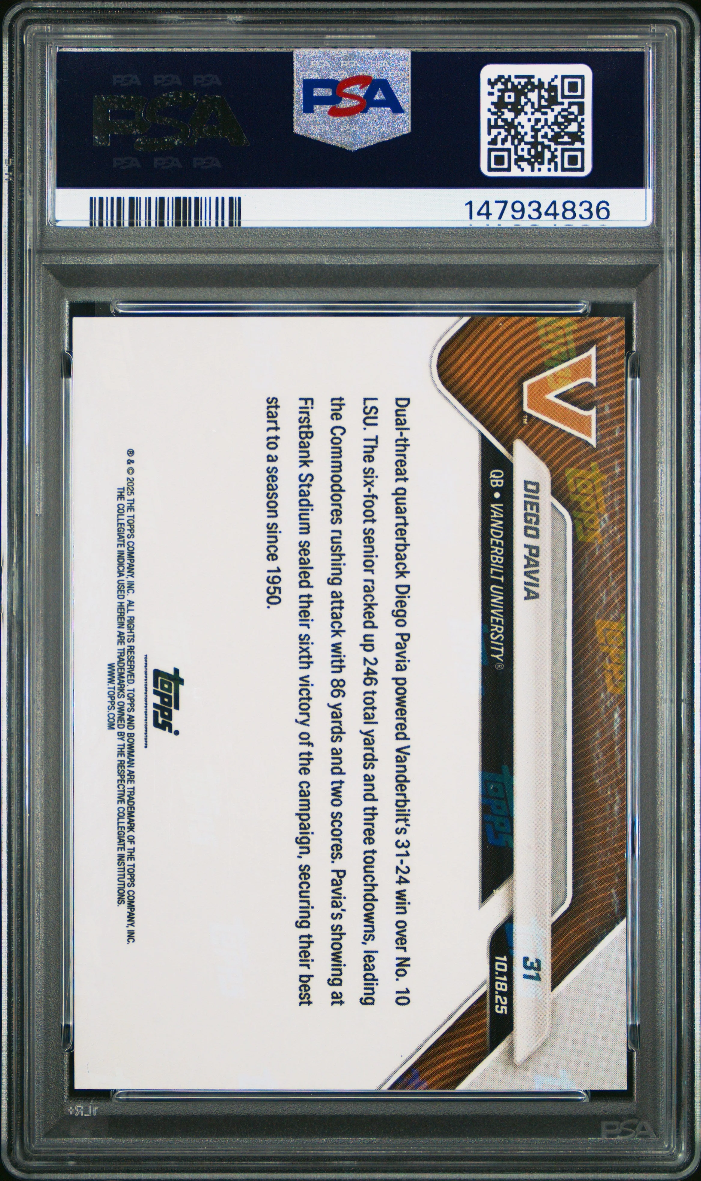 Graded 2025 Topps Bowman U Now Diego Pavia #31 Orange Foil /25 Rookie RC Football Card PSA 8 Near Mint - Image 2