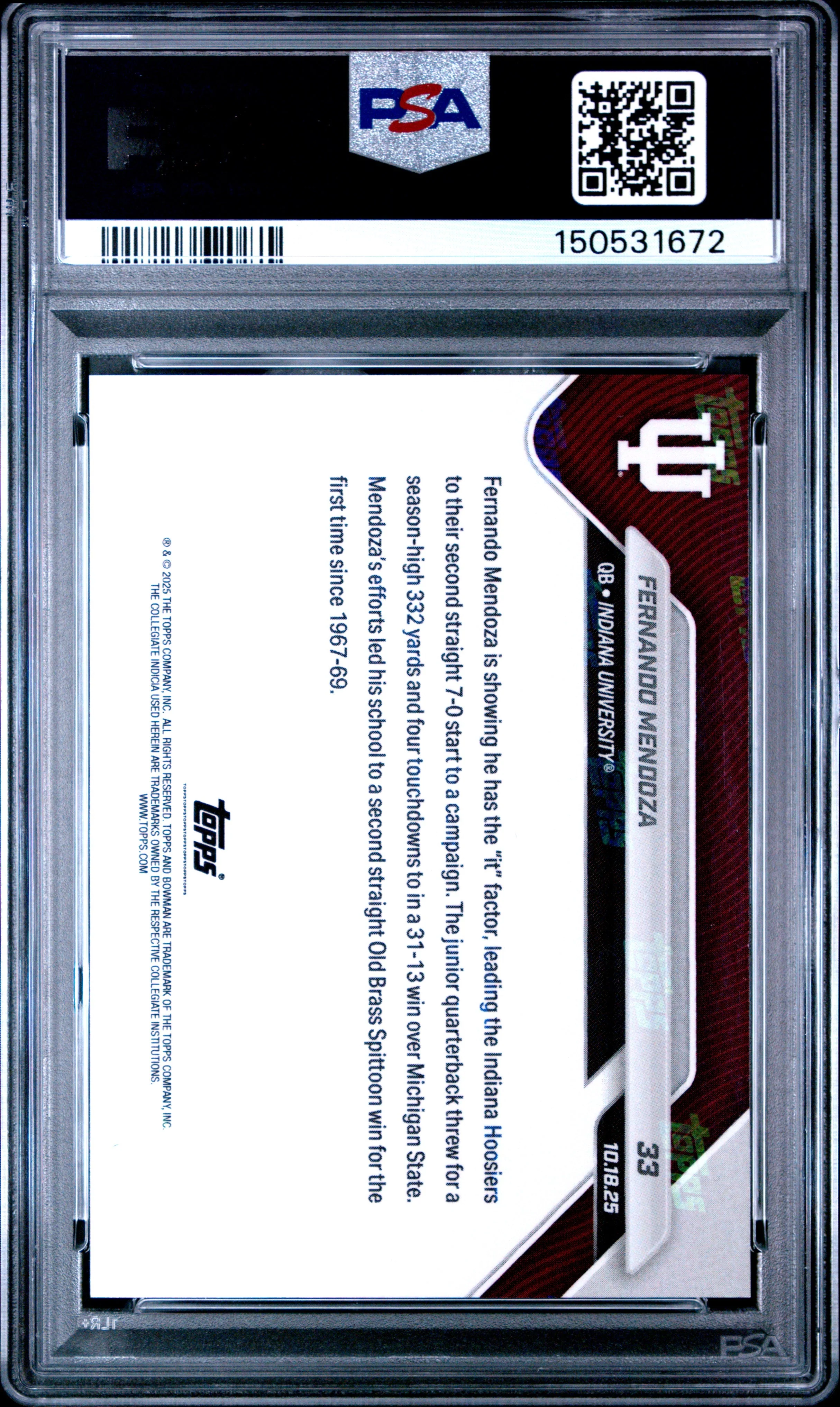 Graded 2025 Topps Bowman U Now Fernando Mendoza #33 Rookie RC Football Card PSA 10 Gem Mint - Image 2