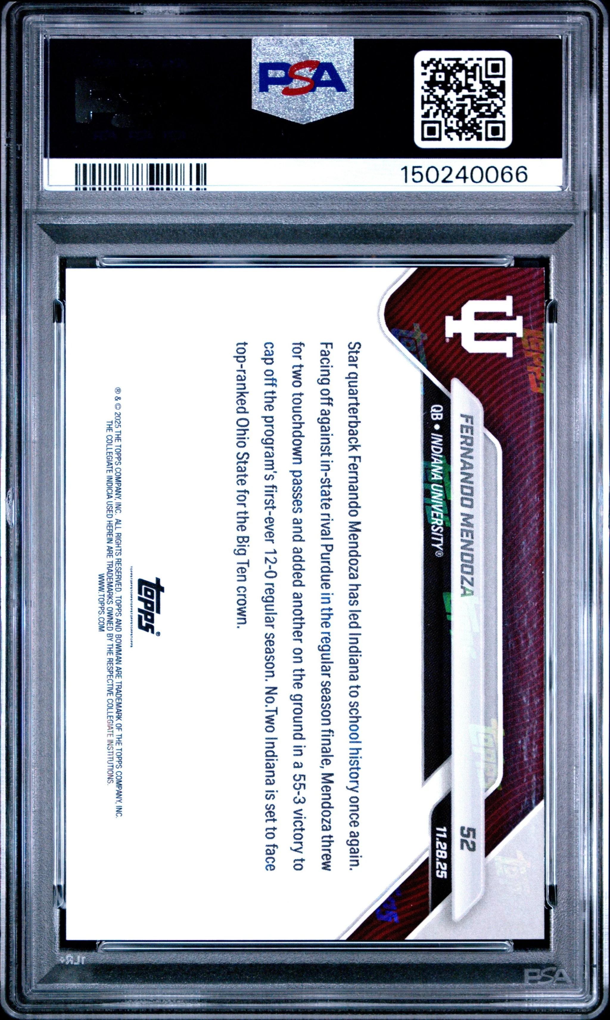 Graded 2025 Topps Bowman U Now Fernando Mendoza #52 Leads Hoosiers to First Undefeated Regular Season Indiana Hoosiers Rookie RC Football Card PSA 10 Gem Mint - Image 2