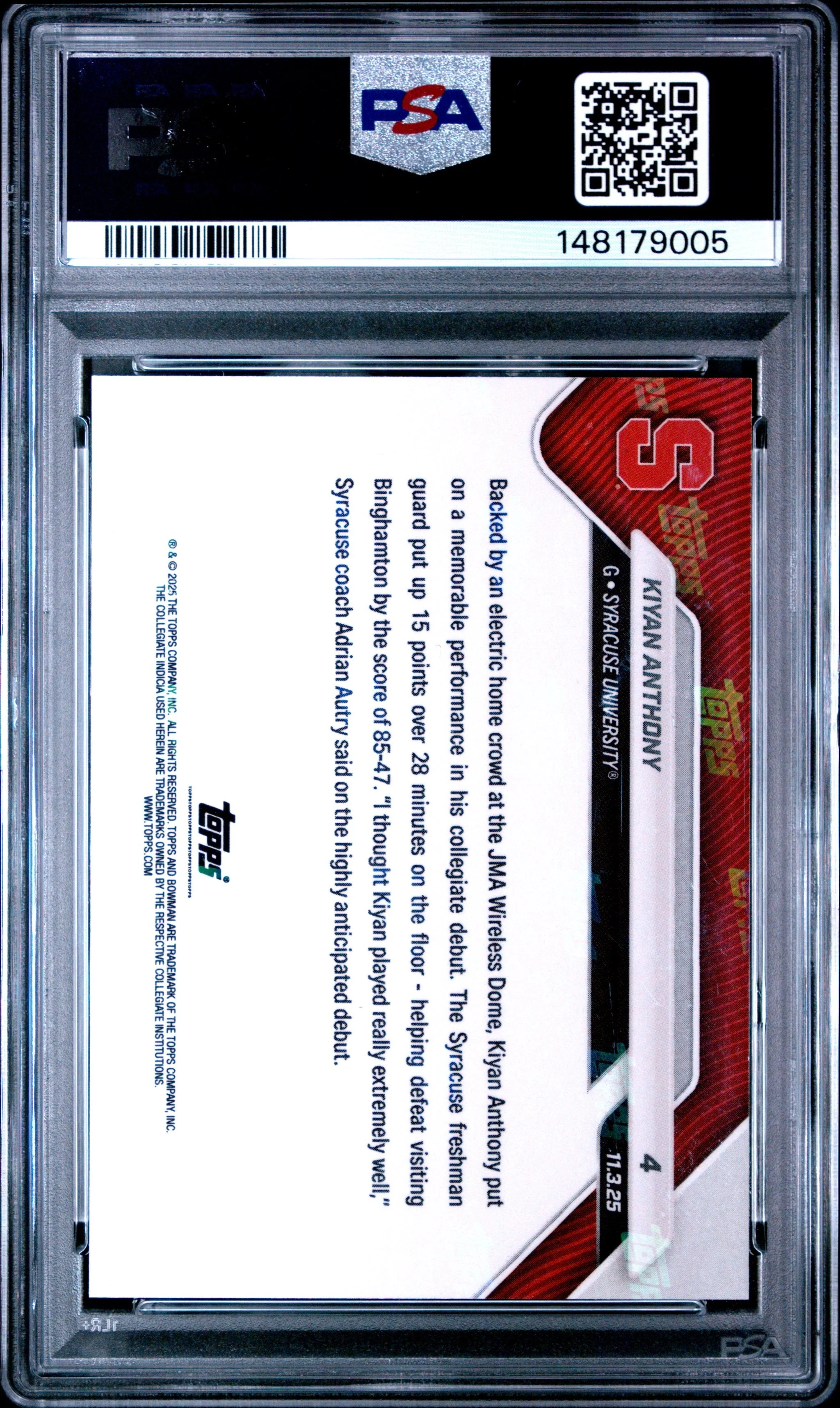 Graded 2025 Topps Bowman U Now Kiyan Anthony #4 Orange Foil /25 Rookie RC Basketball Card PSA 10 Gem Mint - Image 2