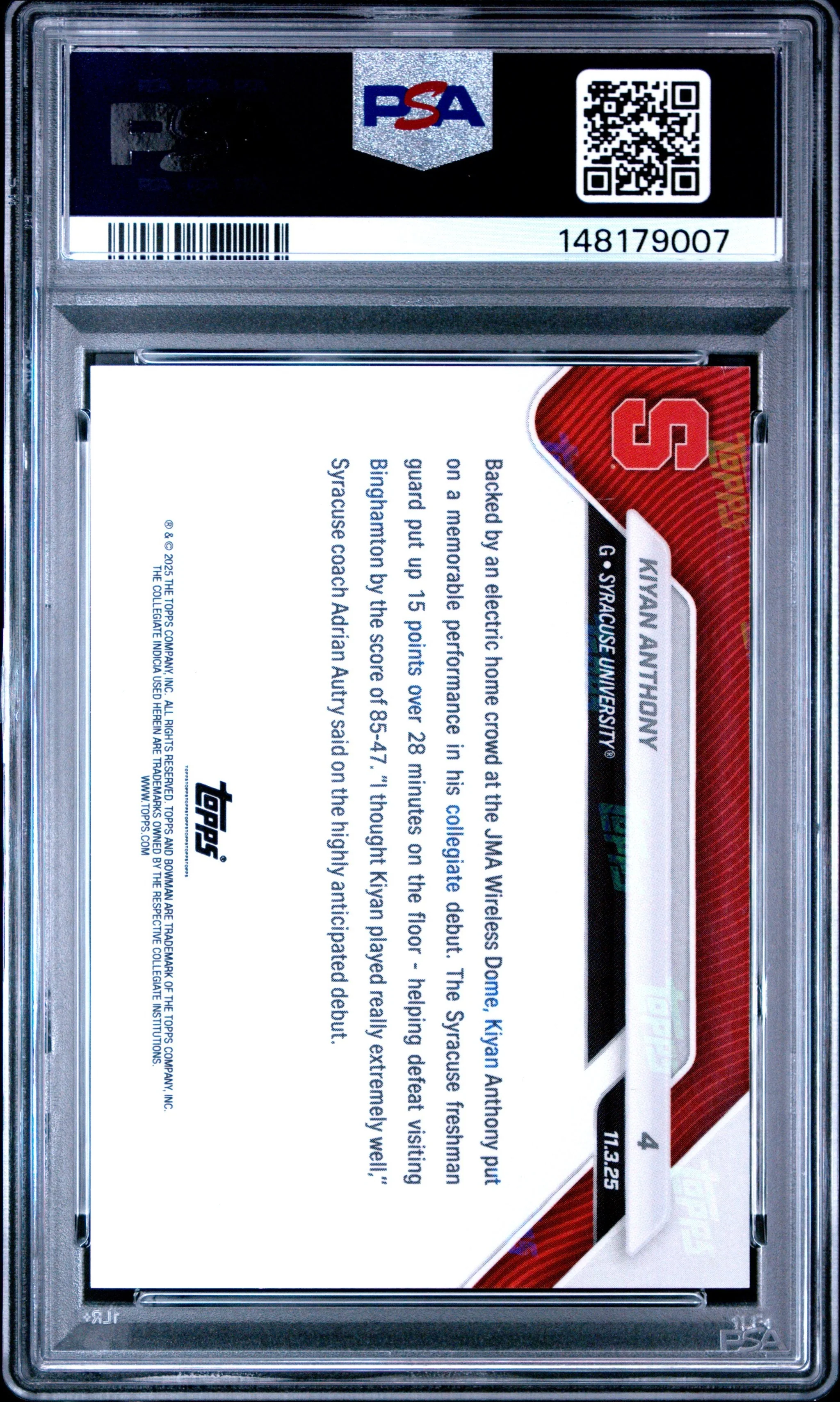 Graded 2025 Topps Bowman U Now Kiyan Anthony #4 Rookie RC Basketball Card PSA 10 Gem Mint - Image 2