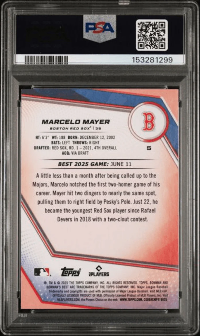Graded 2025 Topps Bowmans Best Marcelo Mayer #5 Blue Refractor /150 Rookie RC Baseball Card PSA 10 Gem Mint - Image 2