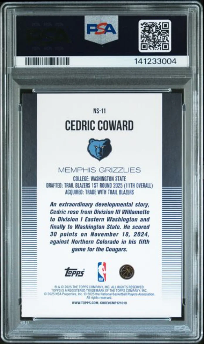 Graded 2025 Topps Cedric Coward #NS11 New School Rookie RC Basketball Card PSA 10 Gem Mint - Image 2