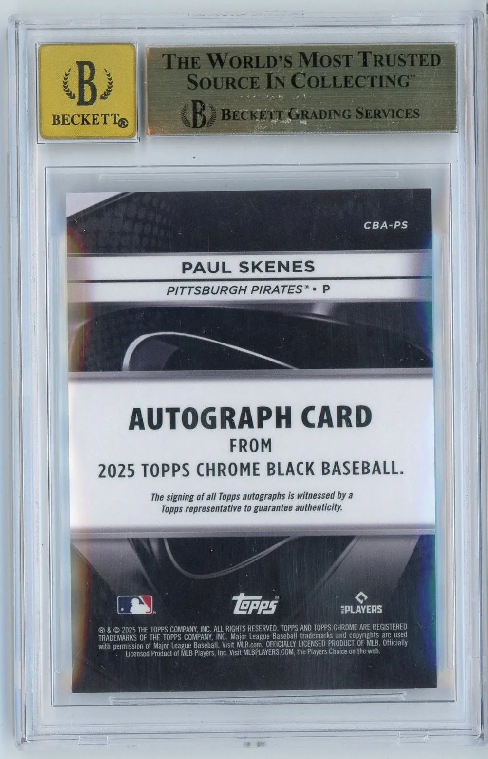 Graded 2025 Topps Chrome Black Paul Skenes #CBAPS /150 Blue Refractor Auto Baseball Card BGS 9.5 Auto 10 Gem Mint - Image 2