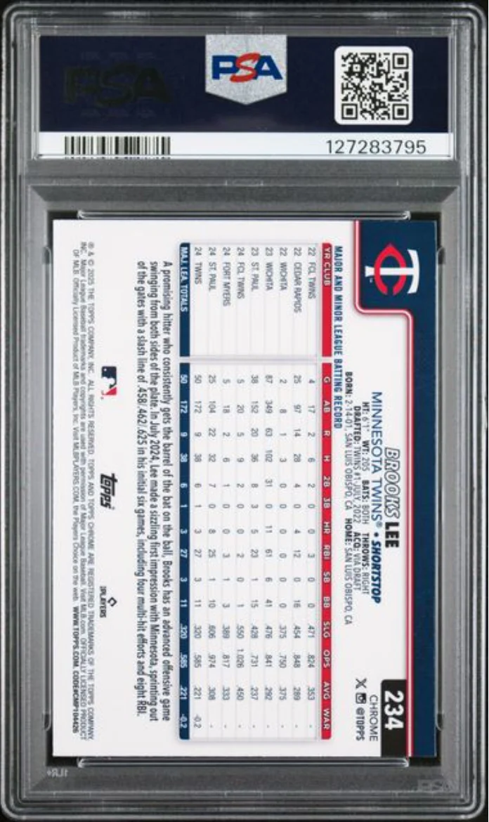 Graded 2025 Topps Chrome Brooks Lee #234 Topps Refractor Rookie RC Baseball Card PSA 10 Gem Mint - Image 2