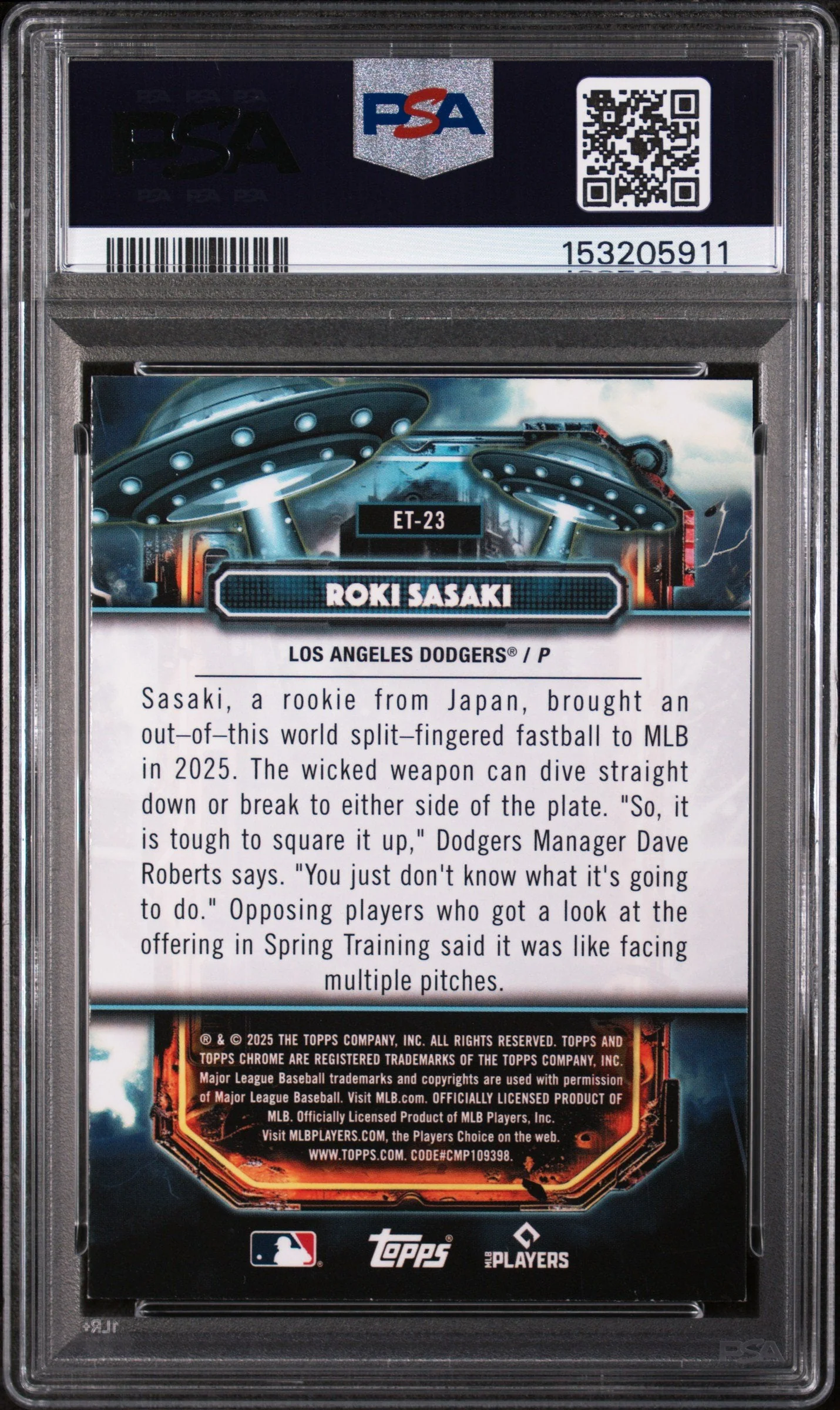 Graded 2025 Topps Chrome Cosmic Roki Sasaki #ET-23 Extraterrestrial Talent Rookie RC Baseball Card PSA 9 Mint - Image 2