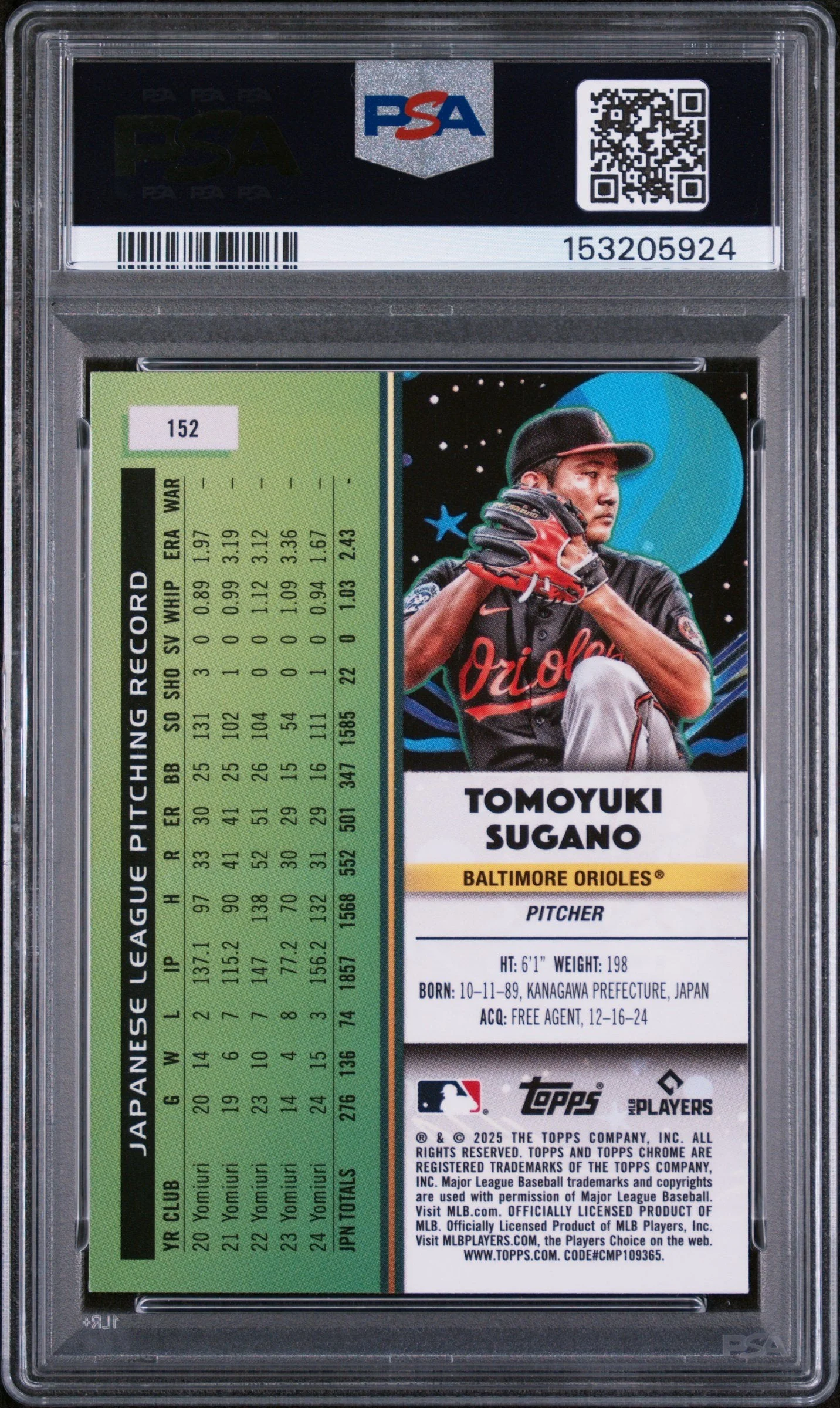 Graded 2025 Topps Chrome Cosmic Tomoyuki Sugano #152 Aqua Equinox Refractor /199 Rookie RC Baseball Card PSA 10 Gem Mint - Image 2