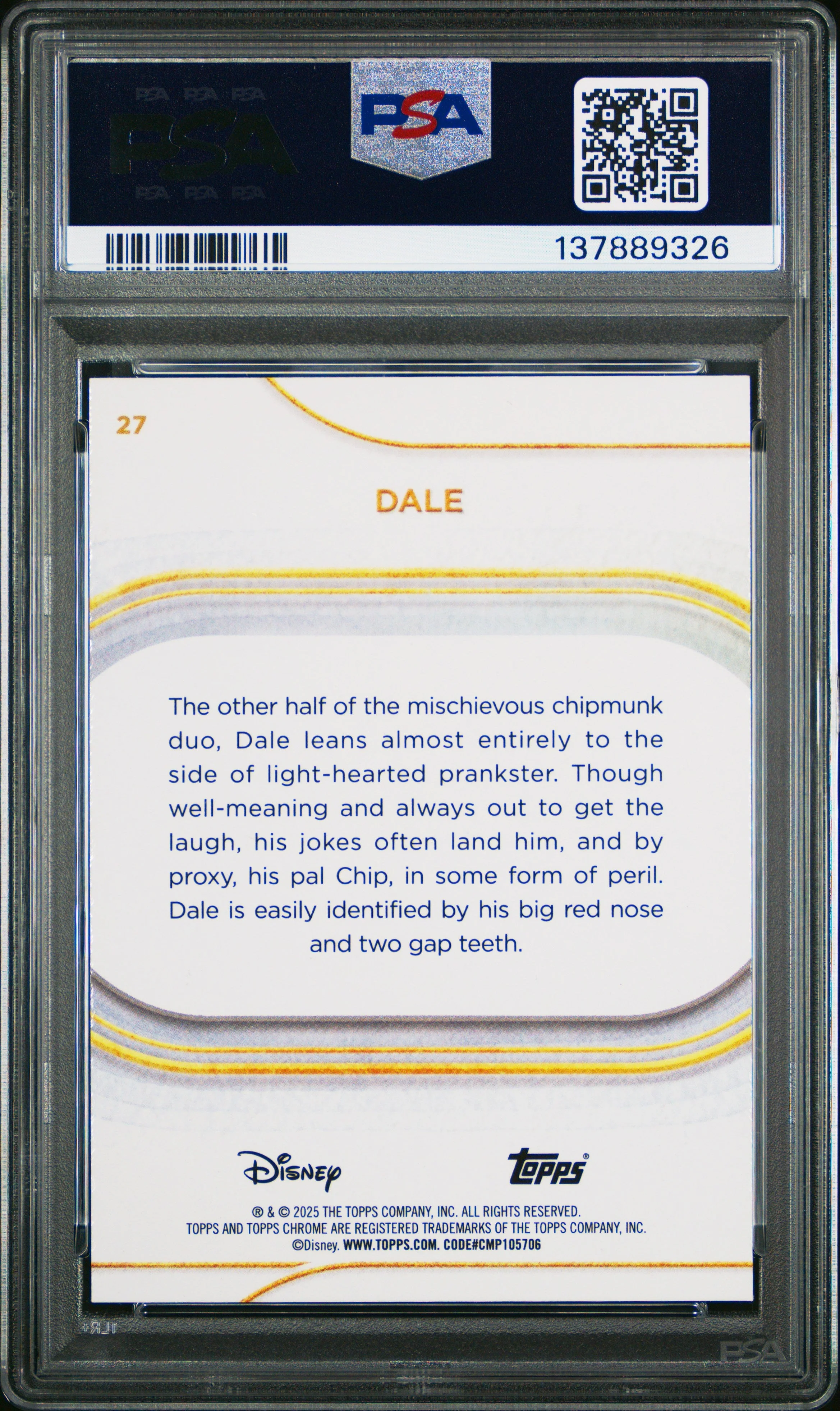 Graded 2025 Topps Chrome Disney Dale #27 Purple Refractor #/75 Chip & Dale Trading Card PSA 10 Gem Mint - Image 2
