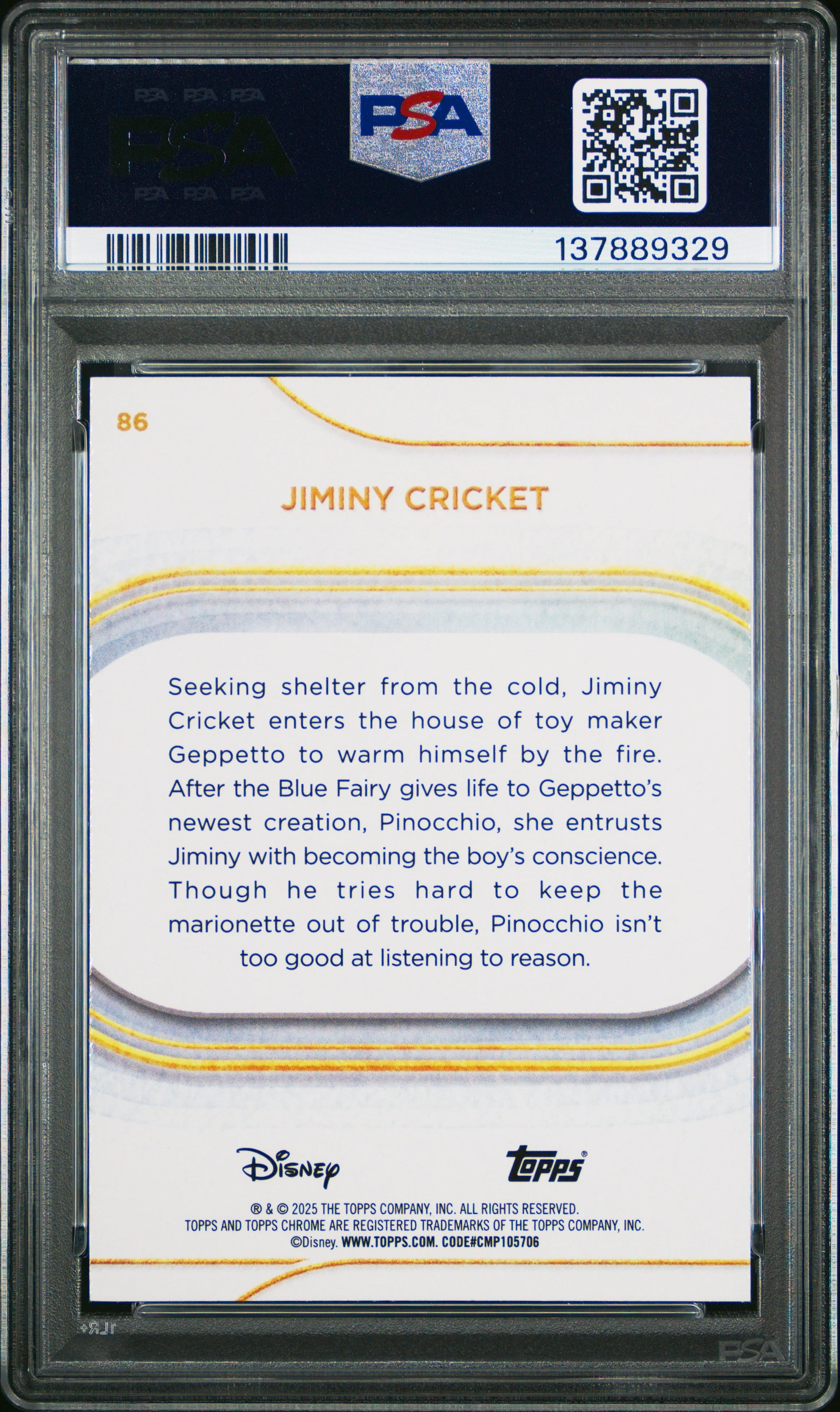 Graded 2025 Topps Chrome Disney Jiminy Cricket #86 Pink Refractor #/250 Pinocchio Trading Card PSA 10 Gem Mint - Image 2