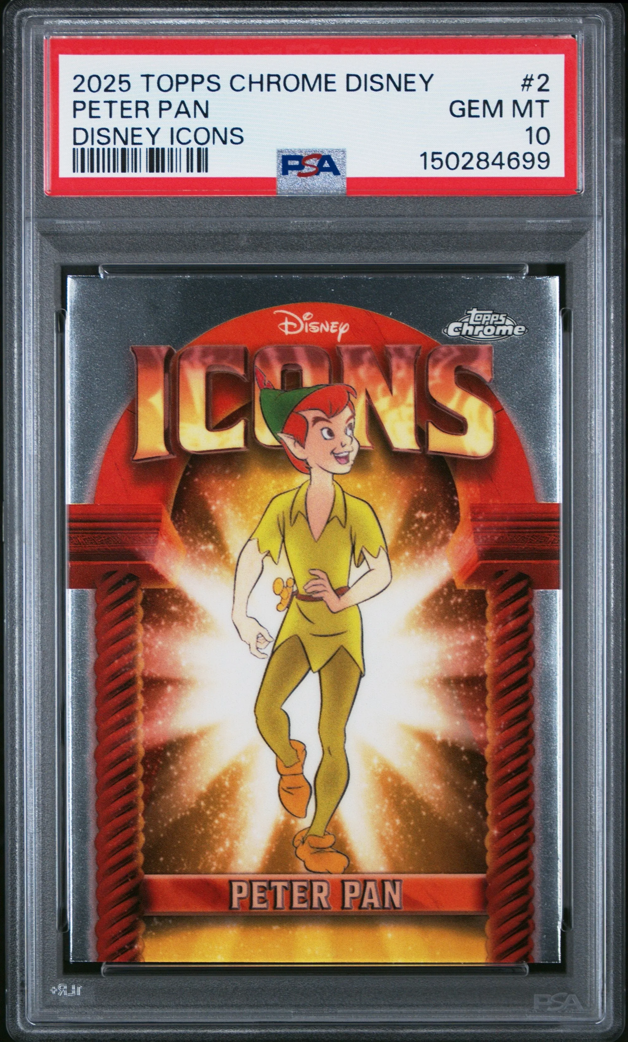 Graded 2025 Topps Chrome Disney Peter Pan #2 Icons Trading Card PSA 10 Gem Mint