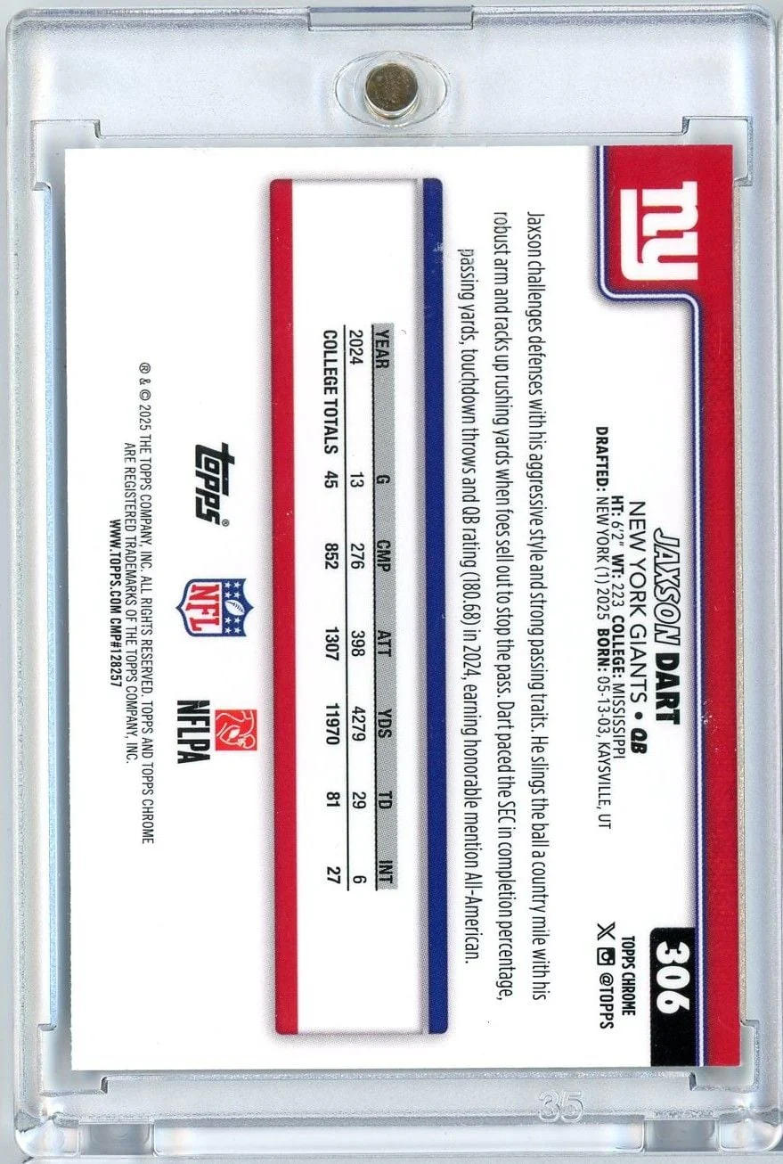 Graded 2025 Topps Chrome Jaxson Dart #306 Neon Pulse Refractor Rookie RC Football Card - Image 2