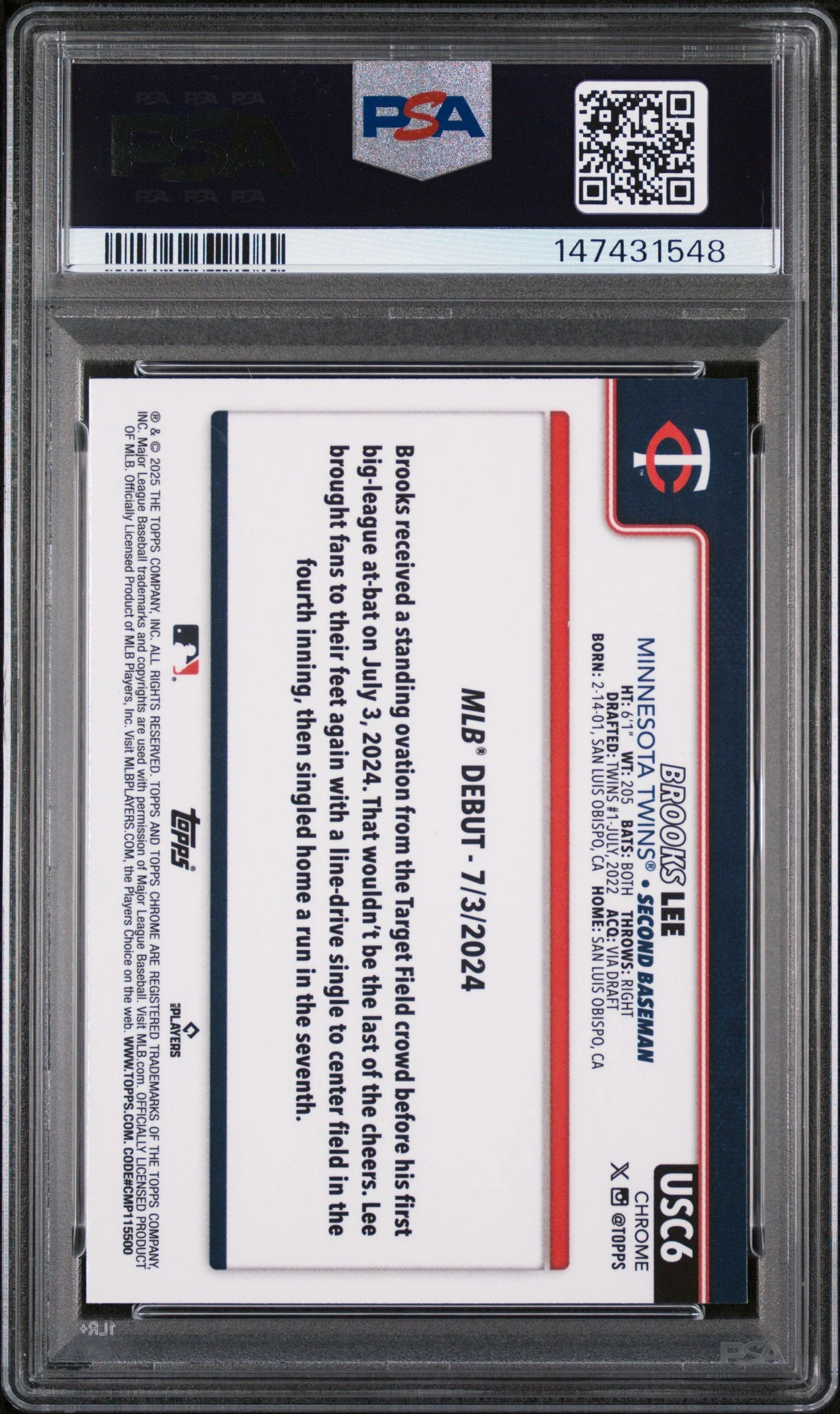 Graded 2025 Topps Chrome Update Brooks Lee #6 Rookie RC Baseball Card PSA 10 Gem Mint - Image 2