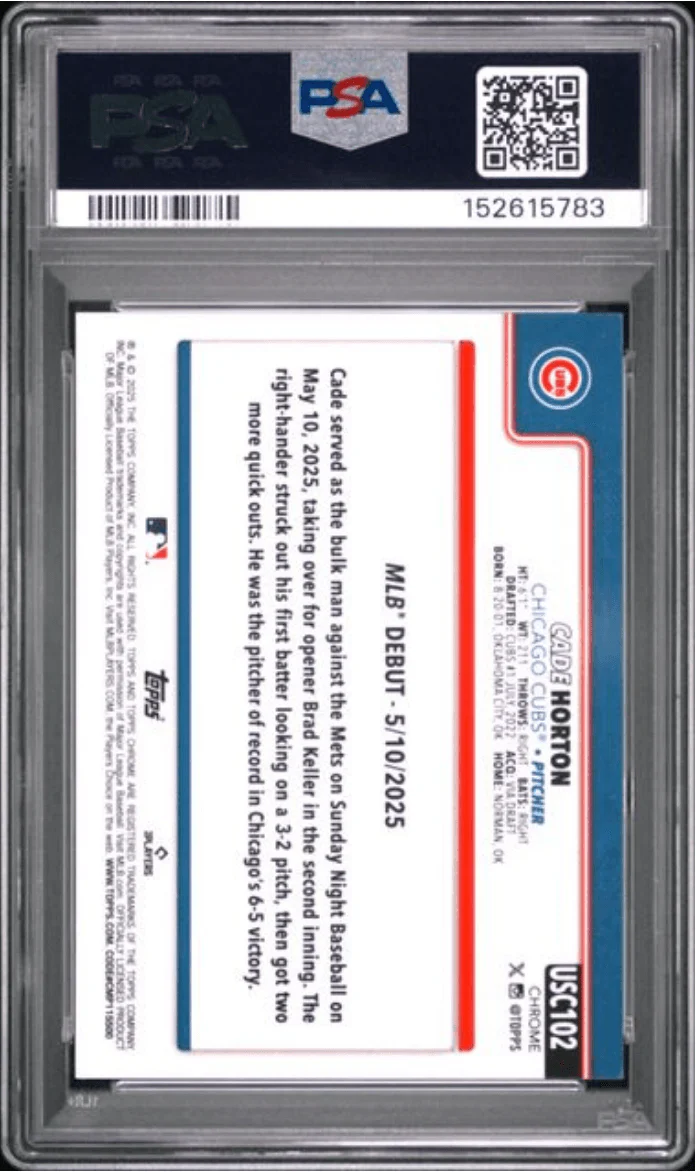 Graded 2025 Topps Chrome Update Cade Horton #102 Rookie RC Baseball Card PSA 10 Gem Mint - Image 2