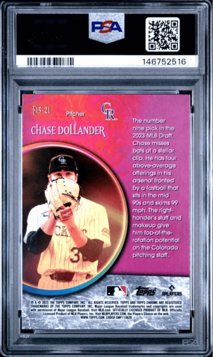 Graded 2025 Topps Chrome Update Chase Dollander #21 Fortune 15 Rookie RC Baseball Card PSA 10 Gem Mint - Image 2
