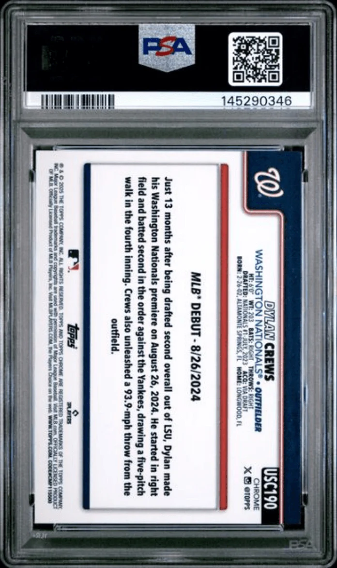 Graded 2025 Topps Chrome Update Dylan Crews #190 Green Wave /99 Rookie RC Baseball Card PSA 10 Gem Mint - Image 2