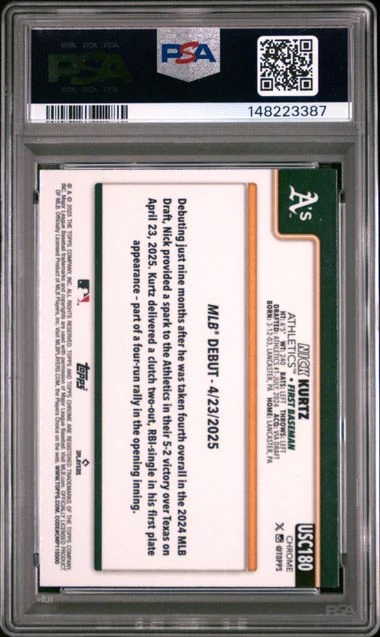 Graded 2025 Topps Chrome Update Nick Kurtz #180 /250 Purple Raywave Rookie RC Baseball Card PSA 9 Mint - Image 2