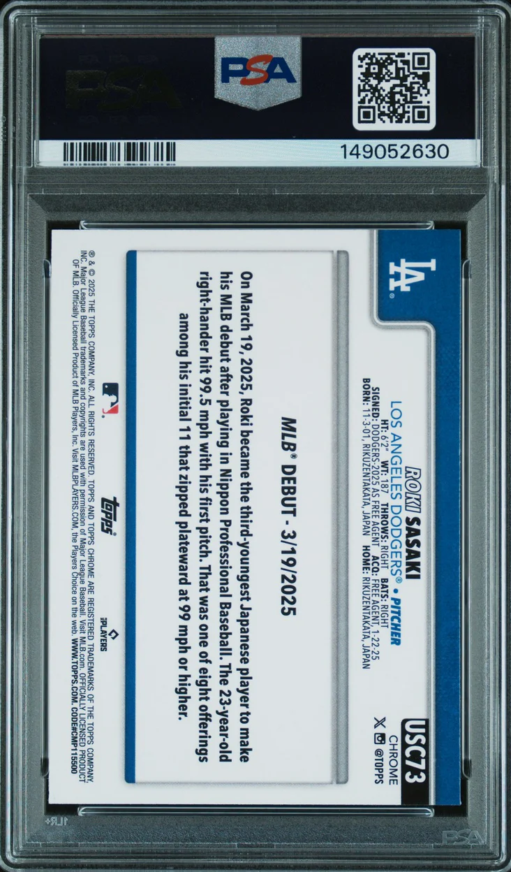 Graded 2025 Topps Chrome Update Roki Sasaki #73 Rookie RC Baseball Card PSA 10 Gem Mint - Image 2
