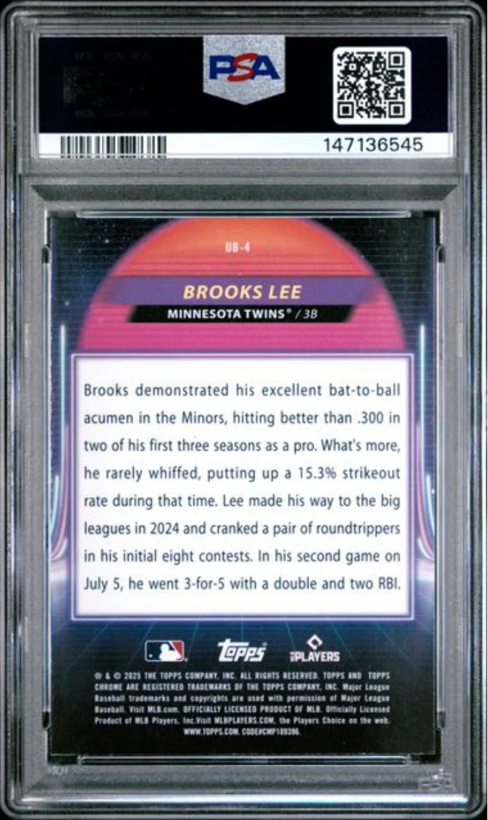 Graded 2025 Topps Cosmic Chrome Brooks Lee #4 Ultraviolet Beam Rookie RC Baseball Card PSA 10 Gem Mint - Image 2