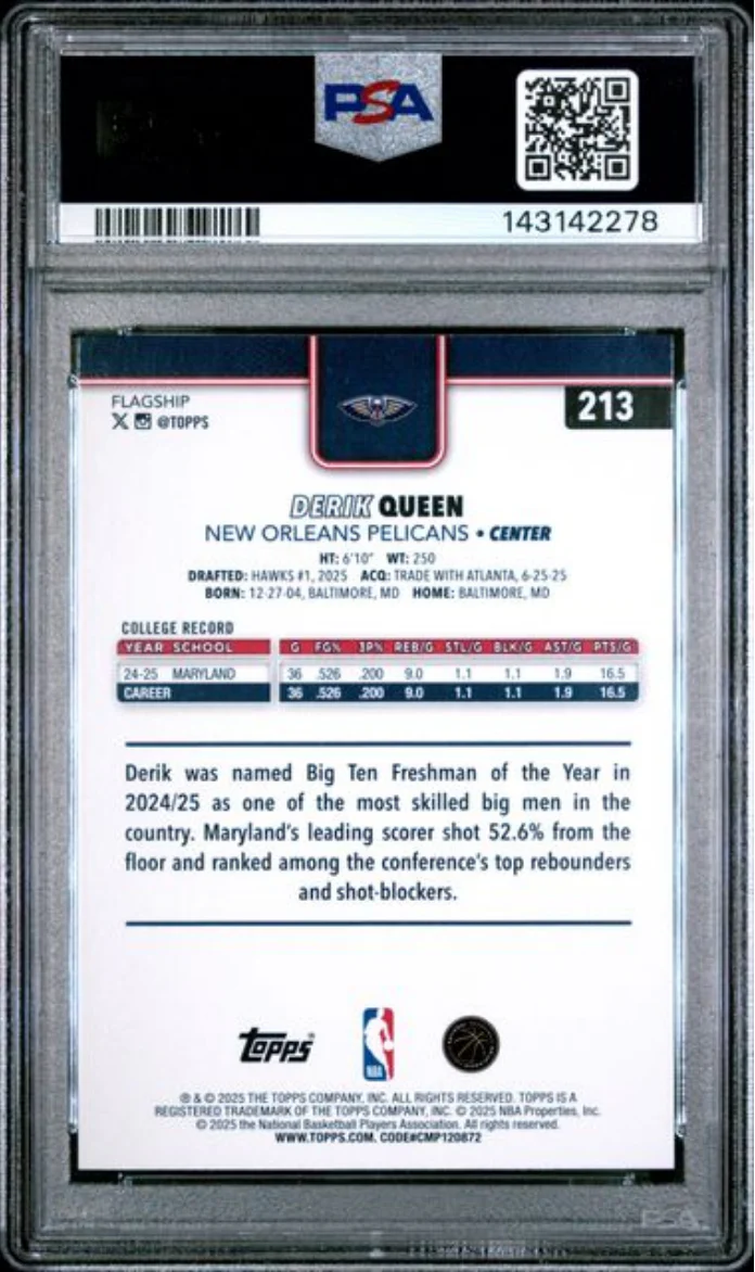 Graded 2025 Topps Derik Queen #213 Rookie RC Basketball Card PSA 10 Gem Mint - Image 2
