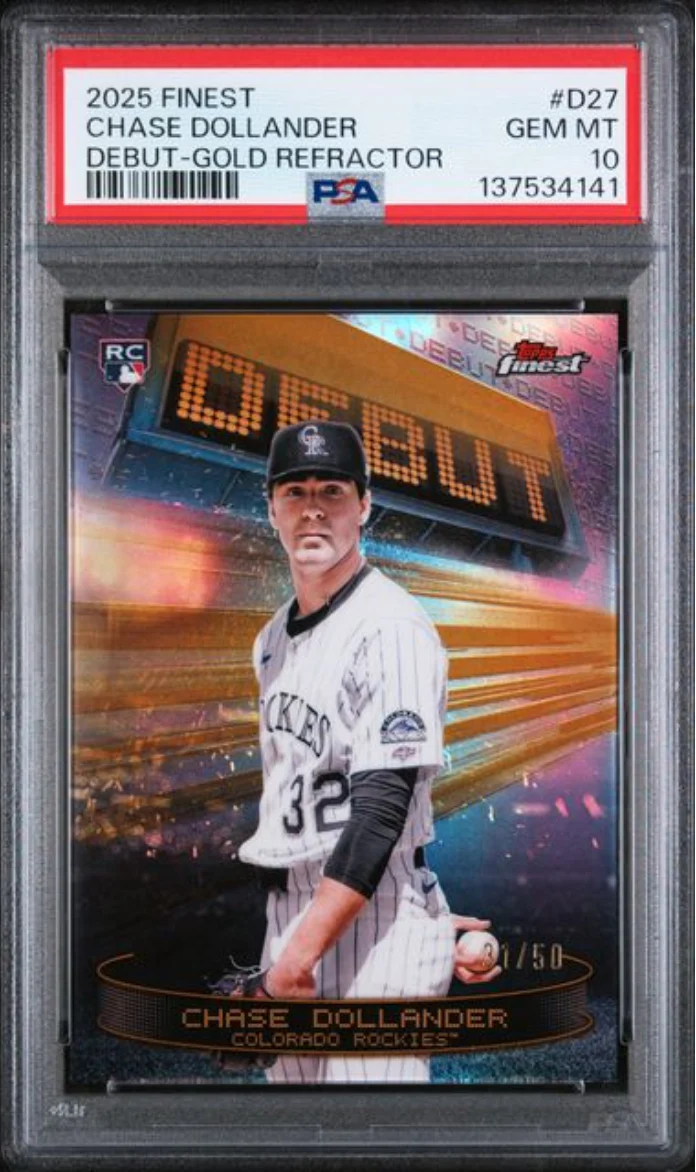 Graded 2025 Topps Finest Chase Dollander #D27 Debut Gold Refractor /50 Rookie RC Baseball Card PSA 10 Gem Mint
