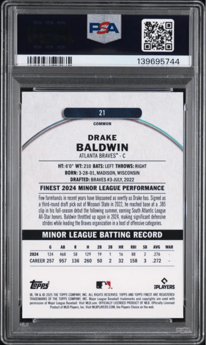 Graded 2025 Topps Finest Drake Baldwin #21 Checkerboard Refractor Rookie RC Baseball Card PSA 10 Gem Mint - Image 2