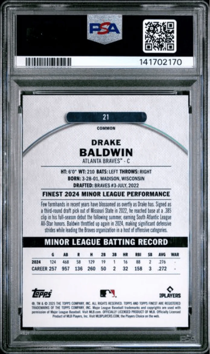 Graded 2025 Topps Finest Drake Baldwin #21 Purple Refractor /250 Rookie RC Baseball Card PSA 10 Gem Mint - Image 2