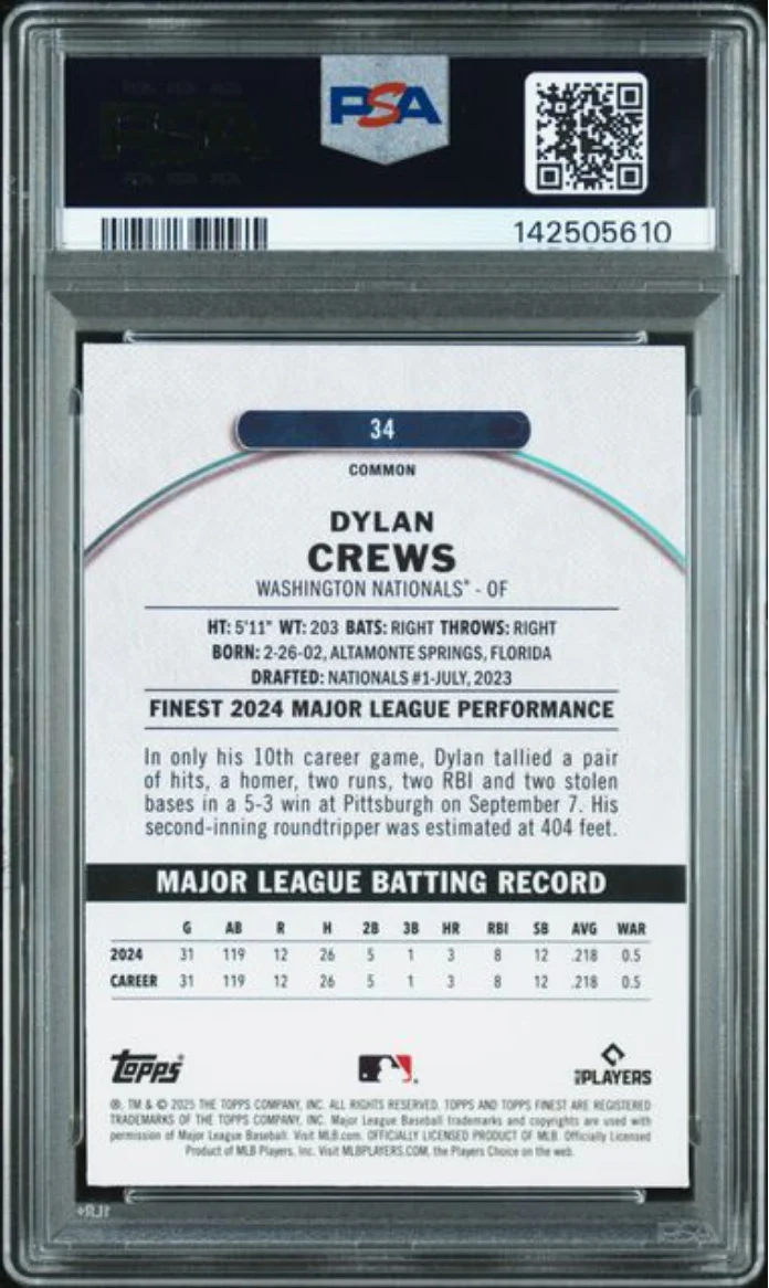 Graded 2025 Topps Finest Dylan Crews #34 Purple Checkerboard /150 Rookie RC Baseball Card PSA 10 Gem Mint - Image 2