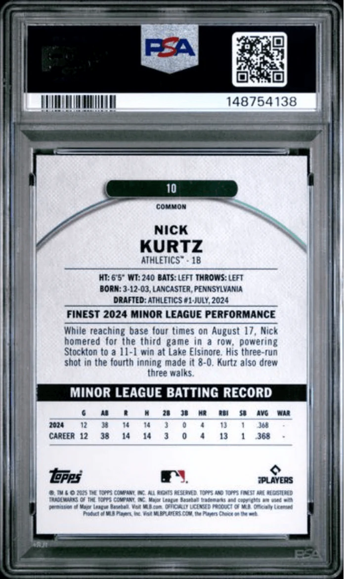 Graded 2025 Topps Finest Nick Kurtz #10 Checkerboard Refractor Rookie RC Baseball Card PSA 10 Gem Mint - Image 2