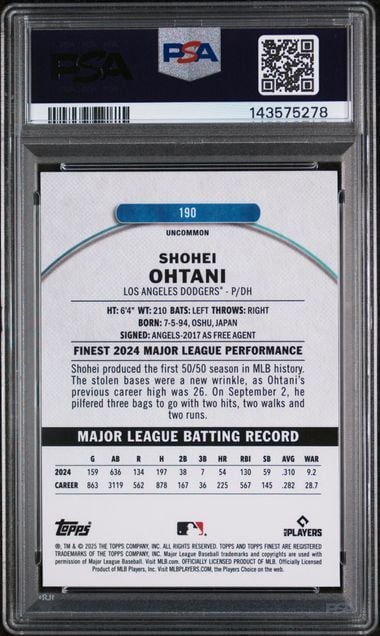 Graded 2025 Topps Finest Shohei Ohtani #190 Baseball Card PSA 10 Gem Mint - Image 2
