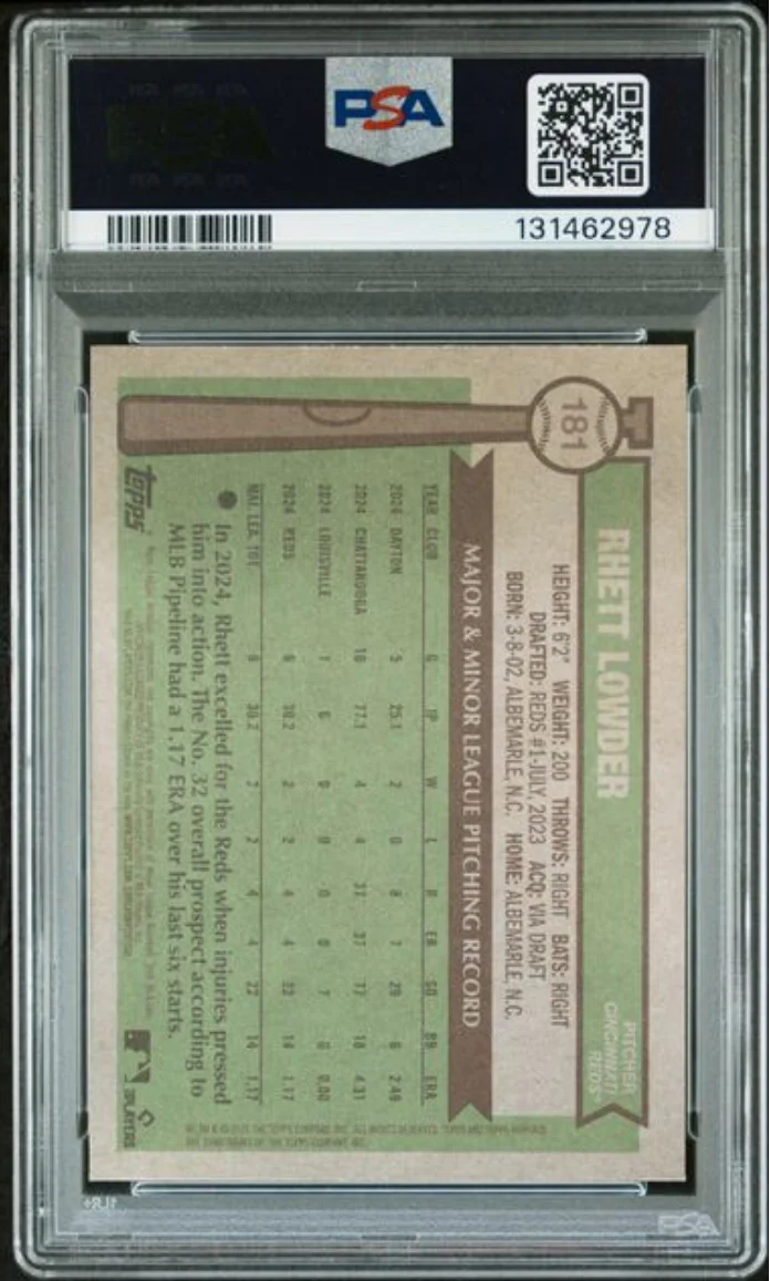 Graded 2025 Topps Heritage Rhett Lowder #181 Bicentennial /200 Rookie RC Baseball Card PSA 10 Gem Mint - Image 2