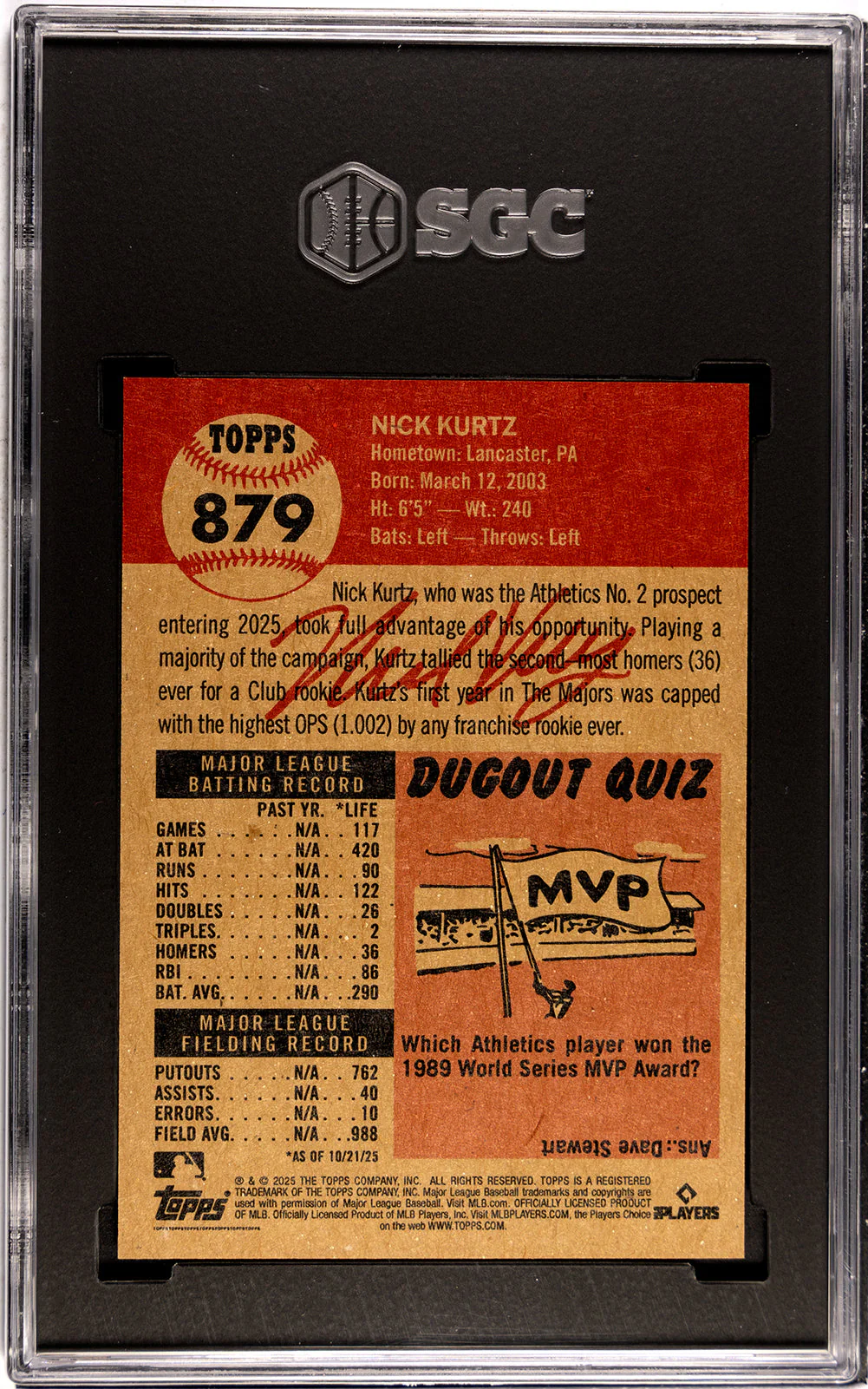 Graded 2025 Topps Living Nick Kurtz #879 Rookie RC Baseball Card SGC 9.5 Mint+ - Image 2